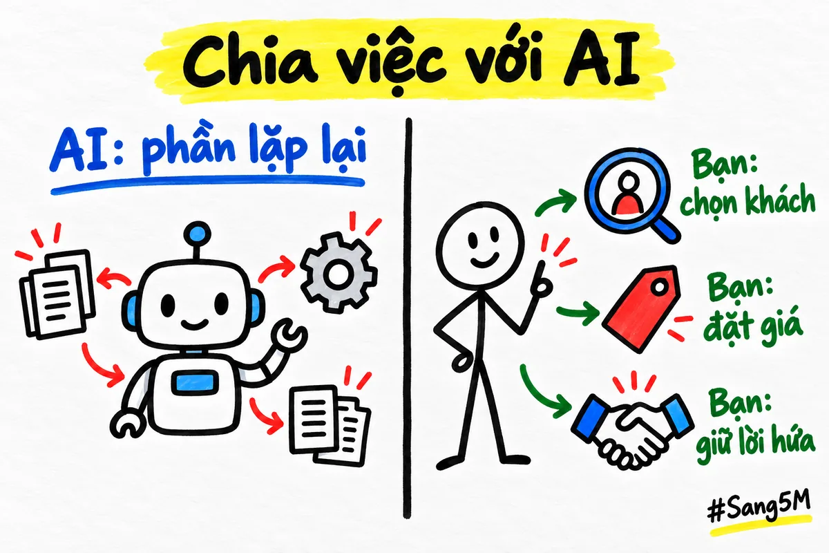 Máy làm phần lặp lại ở bên trái, người giữ ba việc ở bên phải