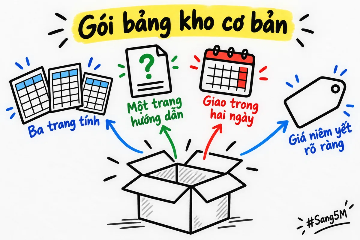 Hộp mở ra đang nhận bốn thứ: ba trang tính, một trang hướng dẫn, lịch giao hai ngày và nhãn giá niêm yết