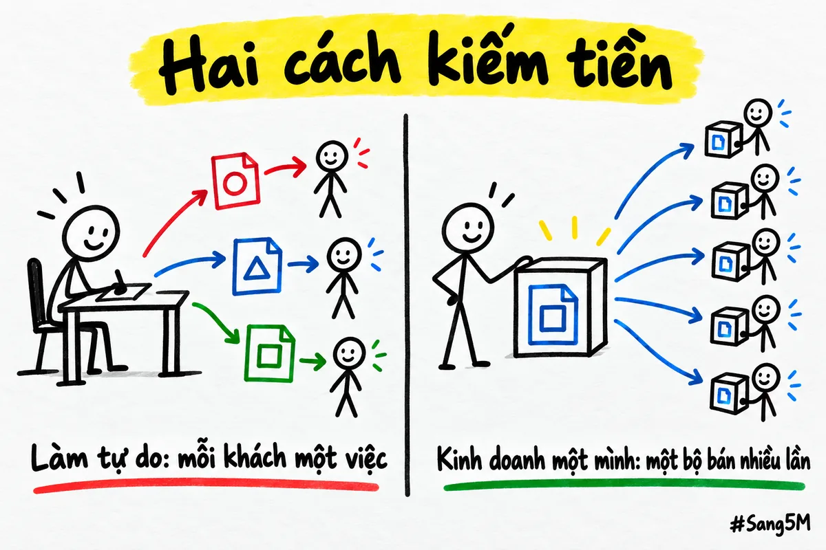 Hai khung cạnh nhau: bên trái mỗi khách một việc riêng, bên phải một bộ mẫu bán đi bán lại