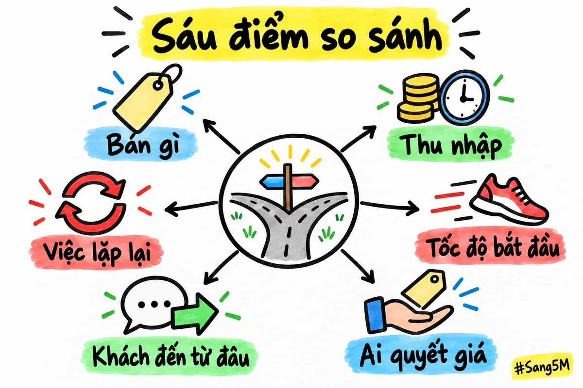 Vòng tròn giữa nối sáu nhánh, mỗi nhánh là một điểm để so sánh hai con đường