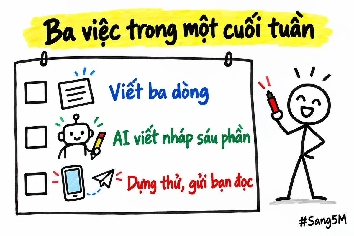Ba việc trong một cuối tuần: viết ba dòng, nhờ AI viết nháp sáu phần, dựng thử rồi gửi bạn đọc.