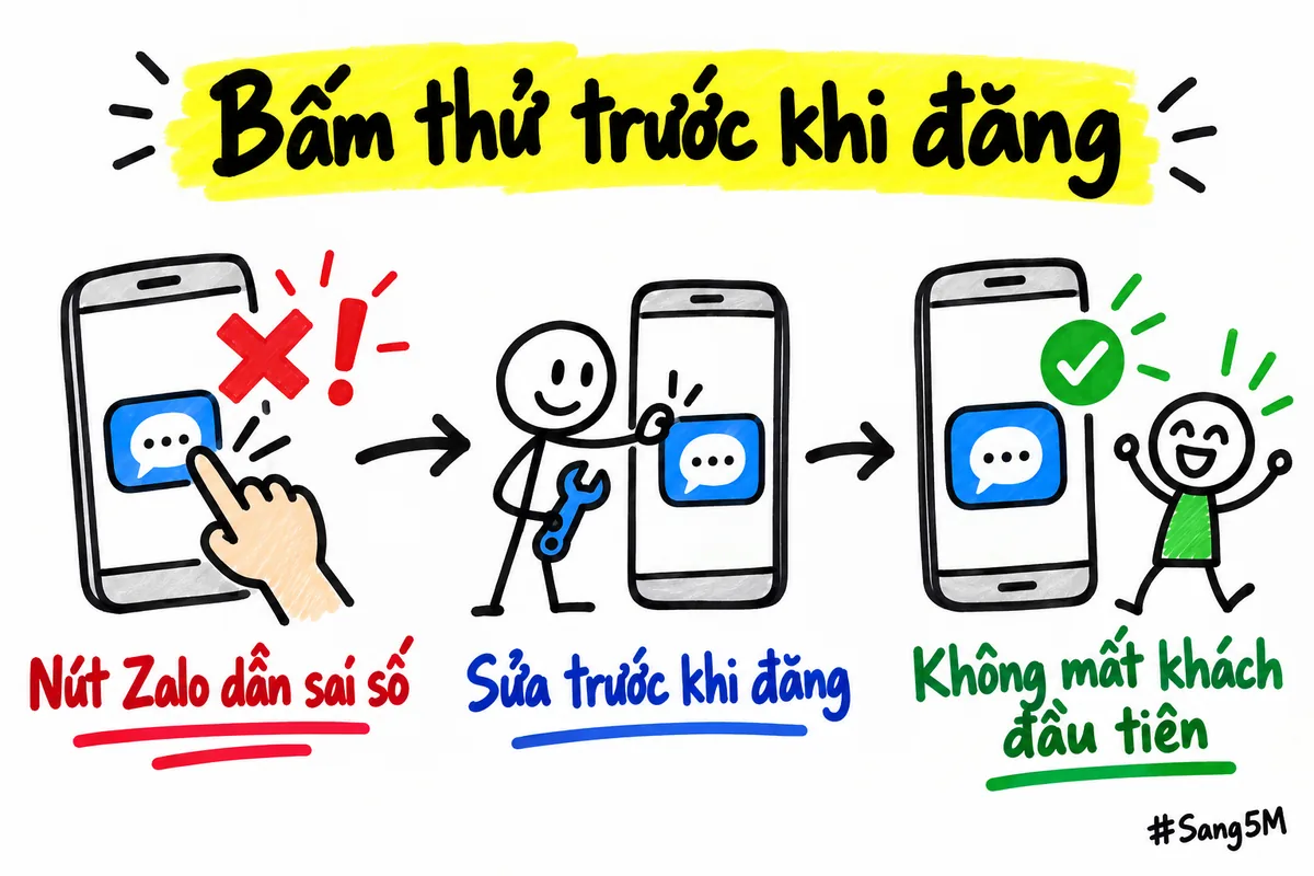 Bấm thử trên điện thoại thấy nút Zalo dẫn sai số, sửa trước khi đăng để không mất khách đầu tiên.