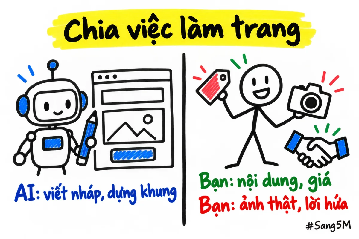 Làm web bằng AI: hai cột chia việc, AI viết nháp và dựng khung, bạn giữ nội dung, giá và lời hứa.