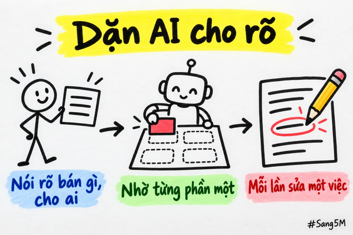 Ba cách dặn AI cho rõ: nói bán gì cho ai, nhờ từng phần một, mỗi lần sửa một việc.