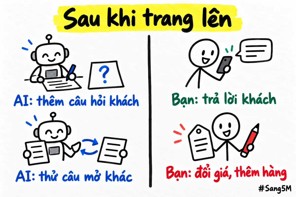 Sau khi trang lên, AI giúp viết thêm còn bạn giữ việc trả lời khách và đổi giá, thêm hàng.