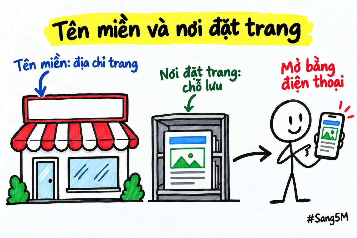 Tên miền giống biển tên cửa hàng, nơi đặt trang là chỗ lưu trang để mở được trên điện thoại.