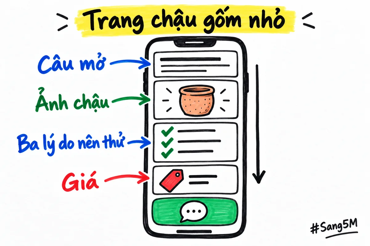Trang bán chậu gốm nhỏ trên điện thoại, xếp từ trên xuống từ câu mở, ảnh chậu đến giá.