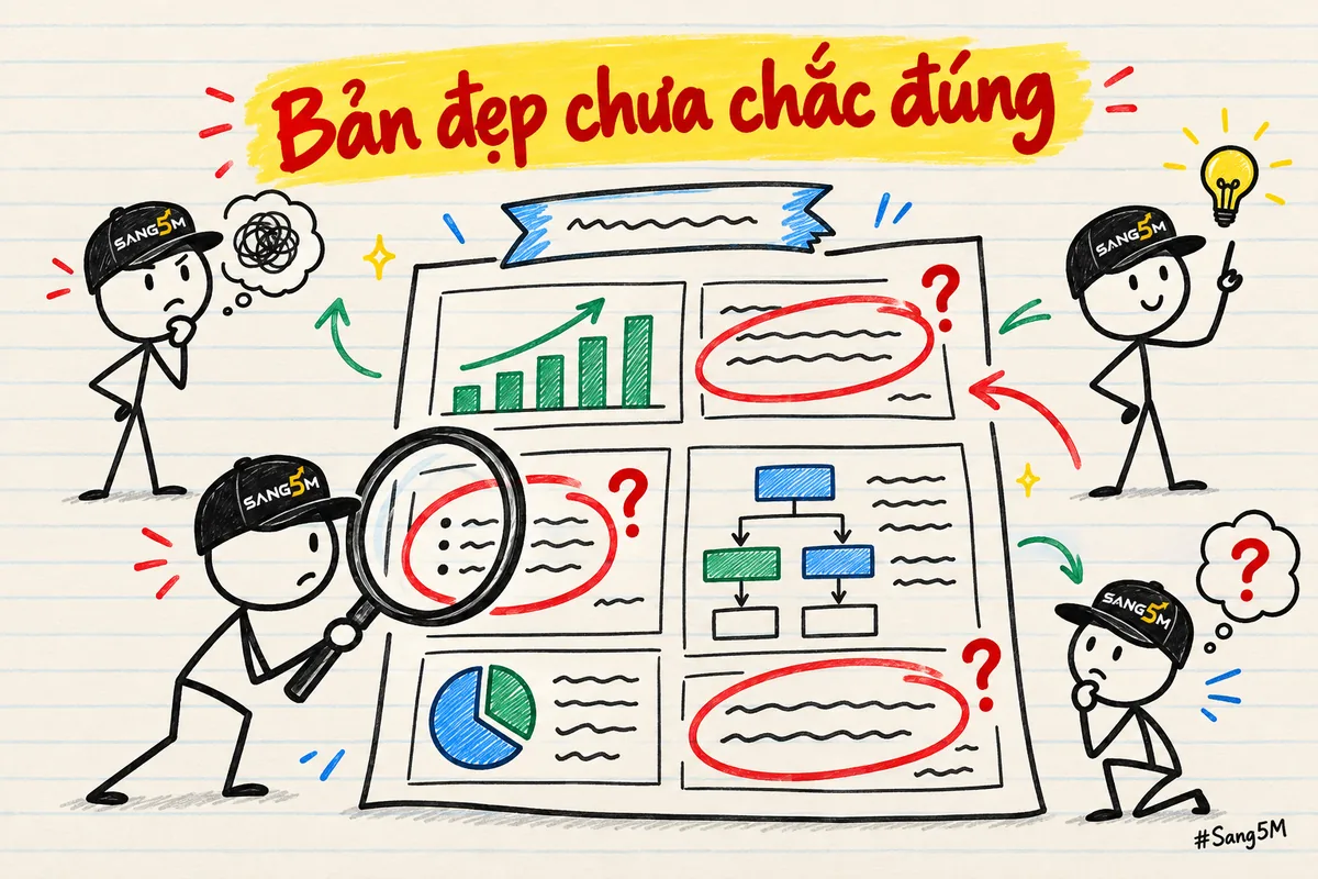 Tờ kế hoạch trông đẹp, vài chỗ khoanh đỏ kèm dấu hỏi; bốn người que đội nón SANG5M đứng xem, một người cầm kính lúp.
