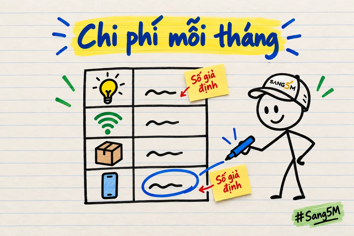 Bảng tính nhỏ ghi chi phí mỗi tháng, vài ô có nhãn số giả định, người đội nón SANG5M đánh dấu ô còn thiếu.