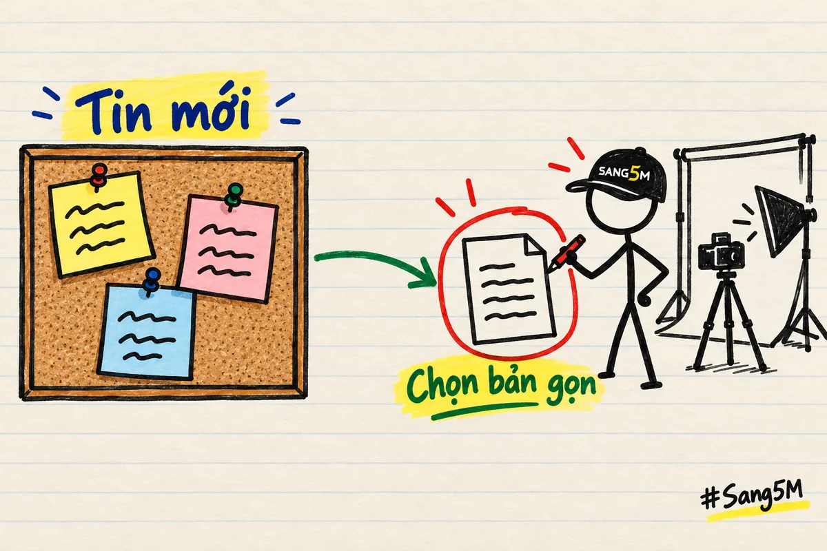Bảng tin ghim ba mẩu giấy tin mới cạnh máy ảnh; chủ studio đội nón SANG5M khoanh tờ một trang có chữ chọn bản gọn.