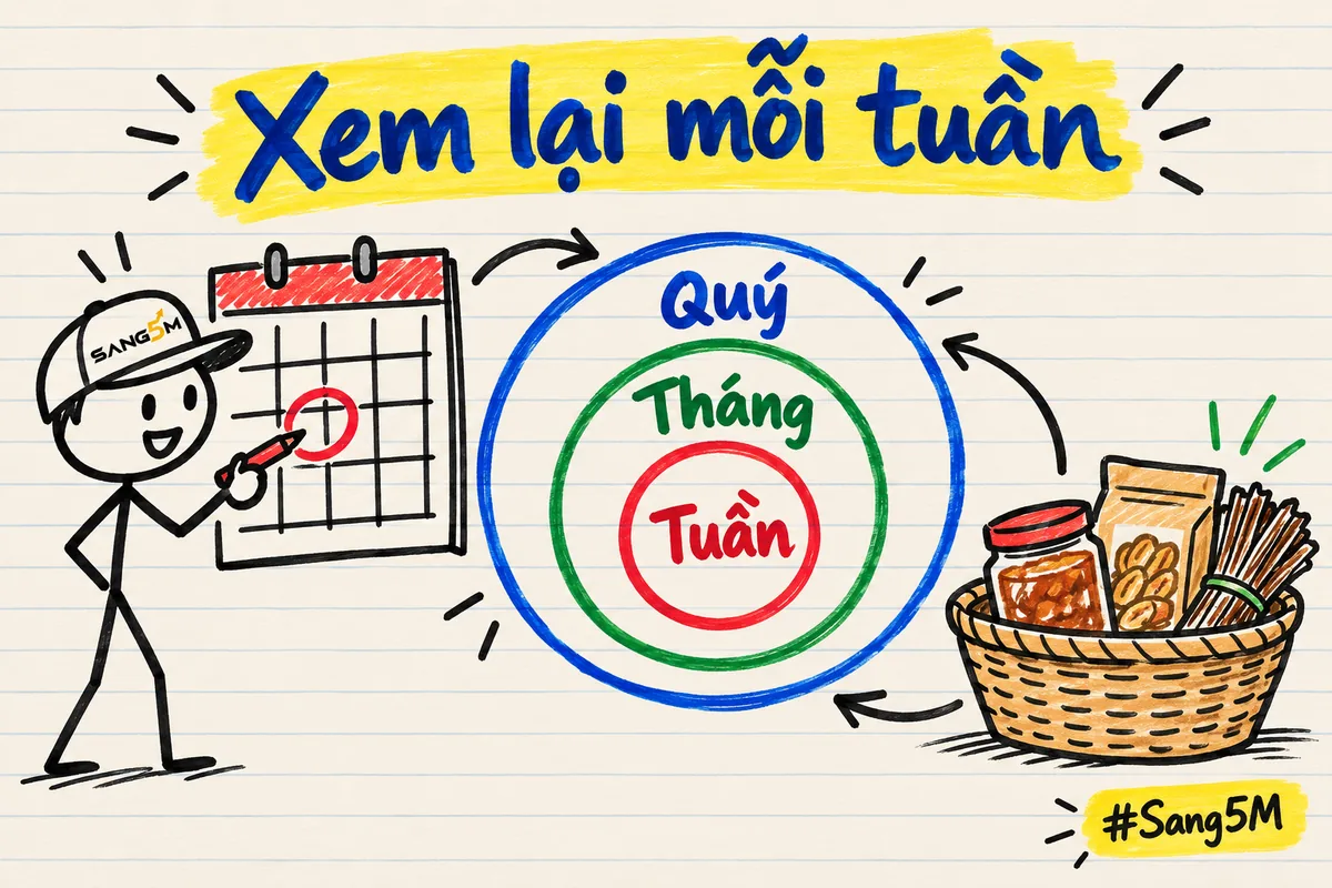 Người đội nón SANG5M khoanh một ngày trên tờ lịch; cạnh đó là ba vòng tròn lồng nhau ghi tuần, tháng, quý và một giỏ đặc sản.