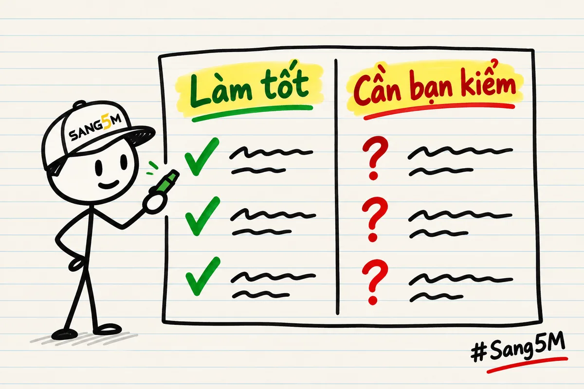 Tờ giấy chia hai cột, cột trái có dấu tích xanh, cột phải có dấu hỏi đỏ, người que đội nón SANG5M cầm bút đánh dấu.