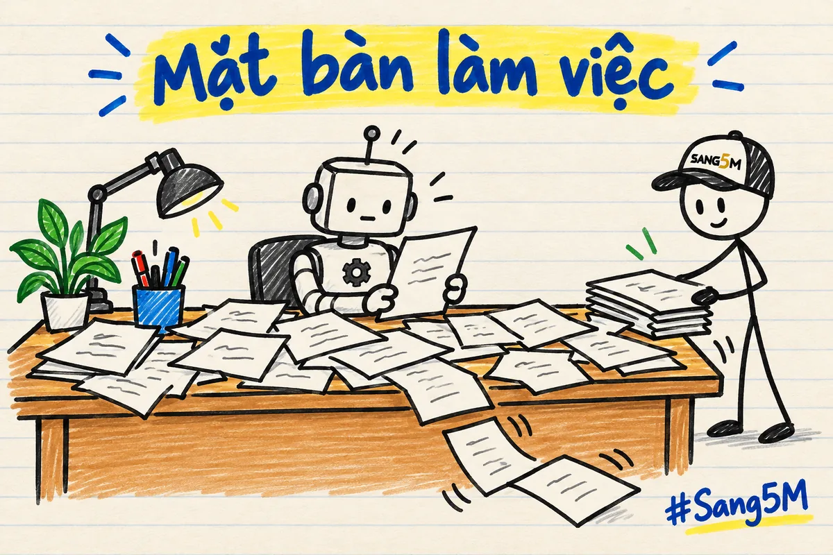 Mặt bàn vẽ tay đầy giấy, vài tờ rơi ra mép bàn, robot ngồi đọc, người que đội nón SANG5M xếp lại chồng giấy.