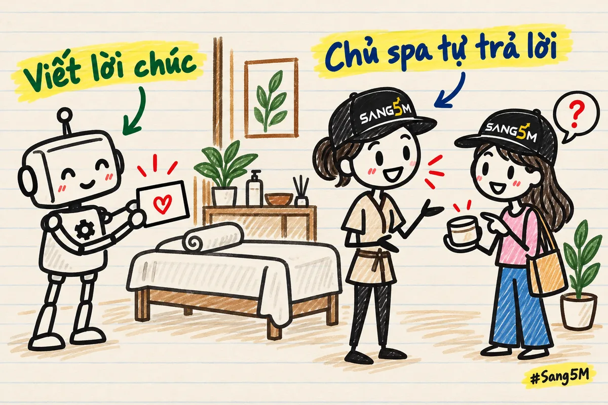 Giường spa vẽ tay, robot đưa tấm thiệp chúc mừng, chủ spa đội nón SANG5M tự trả lời khách đang hỏi về hũ kem.