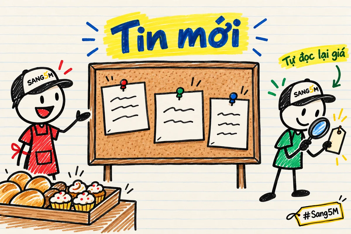 Bảng tin vẽ tay có ba mẩu giấy ghim, khay bánh ở góc, hai người que đội nón SANG5M đứng hai bên bảng.