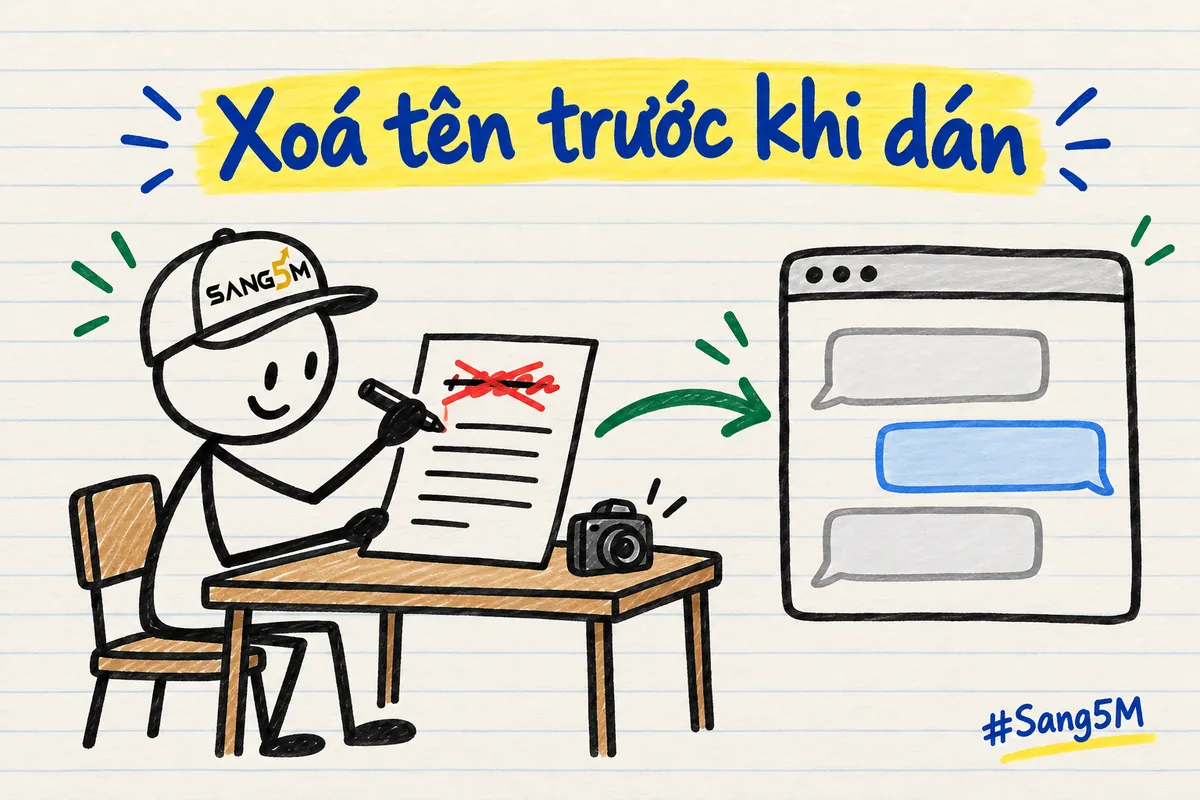 Người que đội nón SANG5M dùng bút gạch tên trên lá thư trước khi đưa vào khung trò chuyện, máy ảnh đặt trên bàn.
