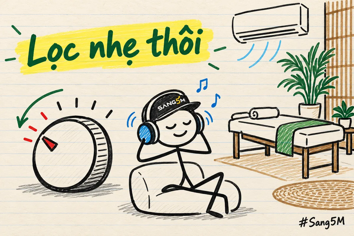 Phòng spa có giường và chậu cây, chiếc núm vặn mức lọc vẽ to đặt ở vạch thấp, người đội nón SANG5M đeo tai nghe.