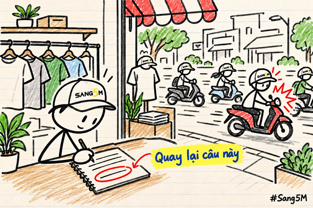 Cửa hàng quần áo bên đường đông xe, xe máy bóp còi, người đội nón SANG5M ghi chú vào sổ cạnh dấu khoanh đỏ.