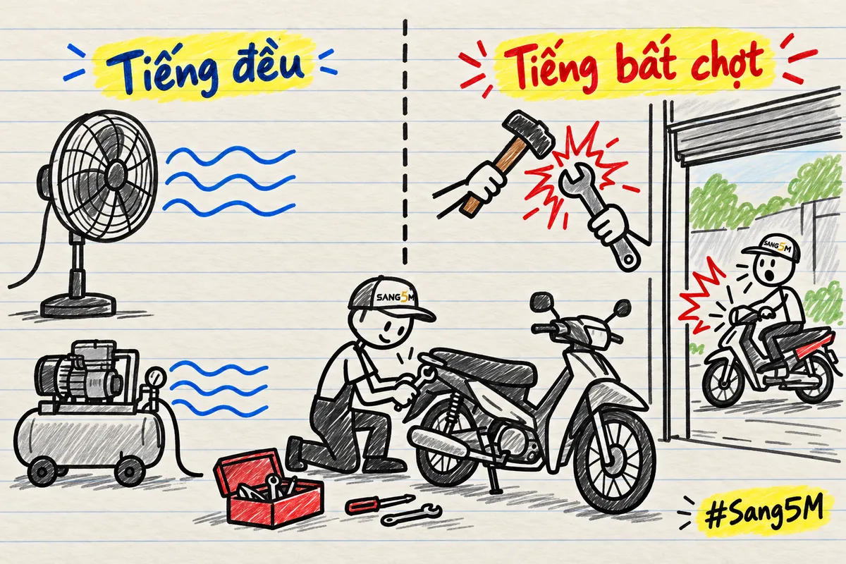 Tiệm sửa xe vẽ tay, bên trái là quạt và máy nén khí kêu đều, bên phải là búa gõ và xe bóp còi ngoài đường.