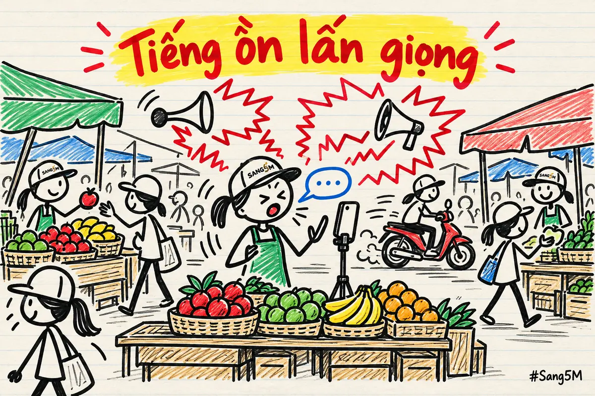 Người đội nón SANG5M nói trước điện thoại giữa chợ, các bong bóng tiếng ồn bao quanh và đè lên bong bóng giọng nói.