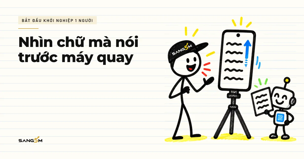 Người đội nón SANG5M nói trước điện thoại trên giá ba chân, dòng chữ chạy sát ống kính, robot nhỏ cầm tờ lời chia câu ngắn