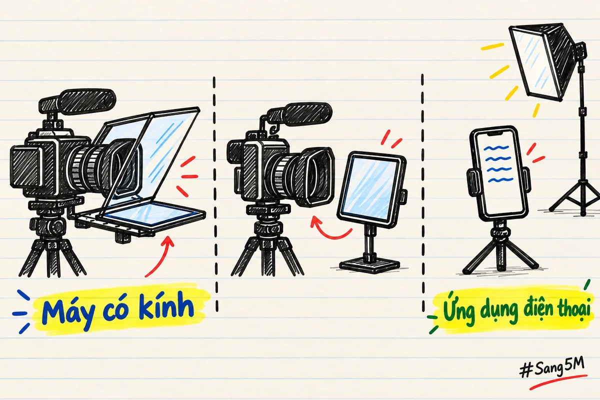 Ba ô cạnh nhau: máy quay có tấm kính nghiêng, màn hình đặt cạnh máy quay, điện thoại có chữ, đèn chụp ảnh ở góc.