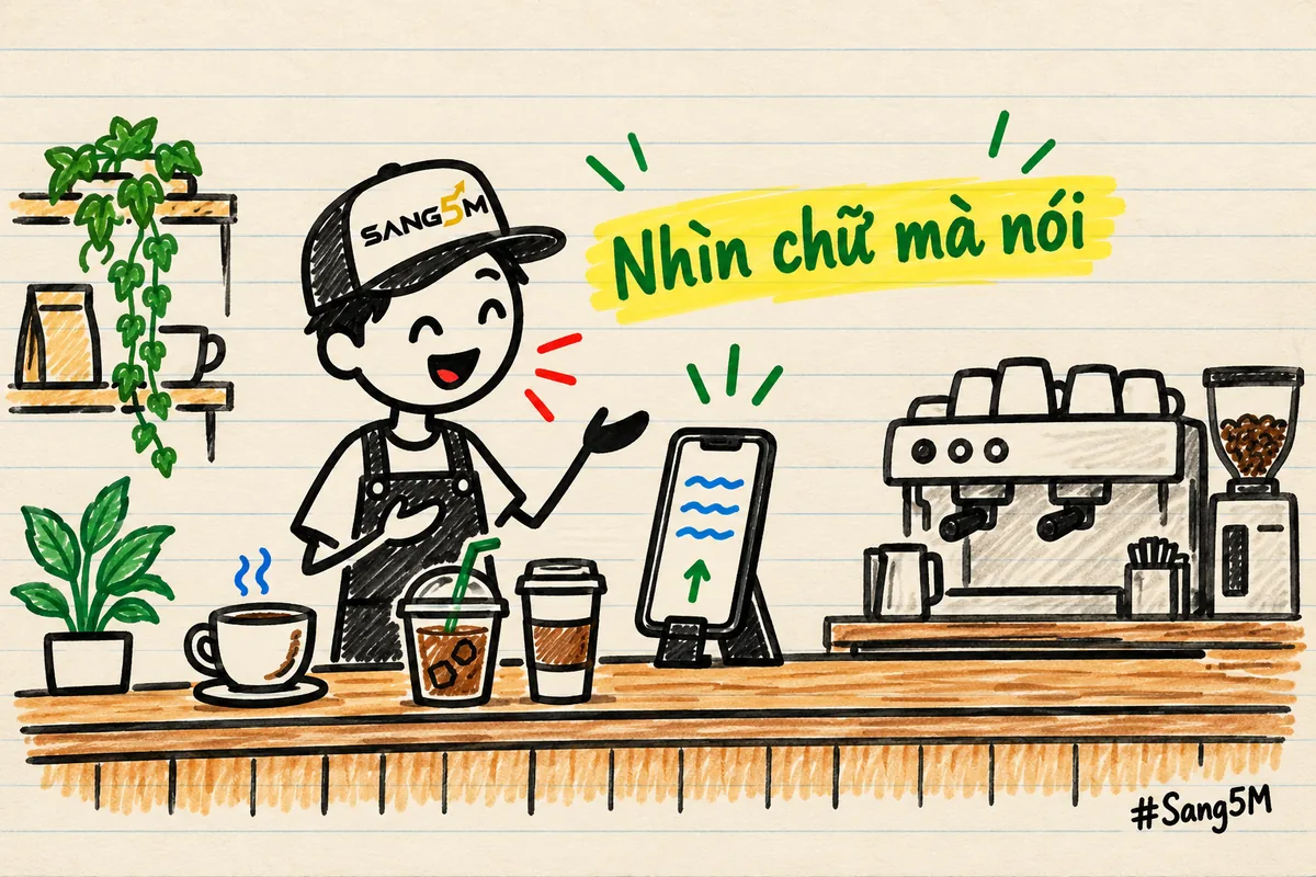 Quầy cà phê có ba ly đồ uống, điện thoại dựng trên quầy hiện dòng chữ chạy, chủ quán đội nón SANG5M vừa nói vừa giơ tay.