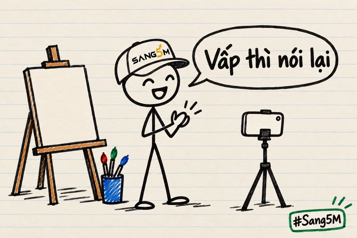 Lớp dạy vẽ, cô giáo đội nón SANG5M vỗ tay một cái trước giá vẽ, bong bóng lời nói ghi vấp thì nói lại.