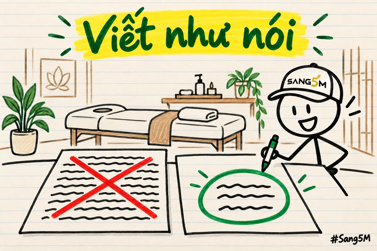 Hai tờ giấy ở spa: câu văn dài bị gạch đỏ, câu nói ngắn được khoanh xanh, người đội nón SANG5M cầm bút.