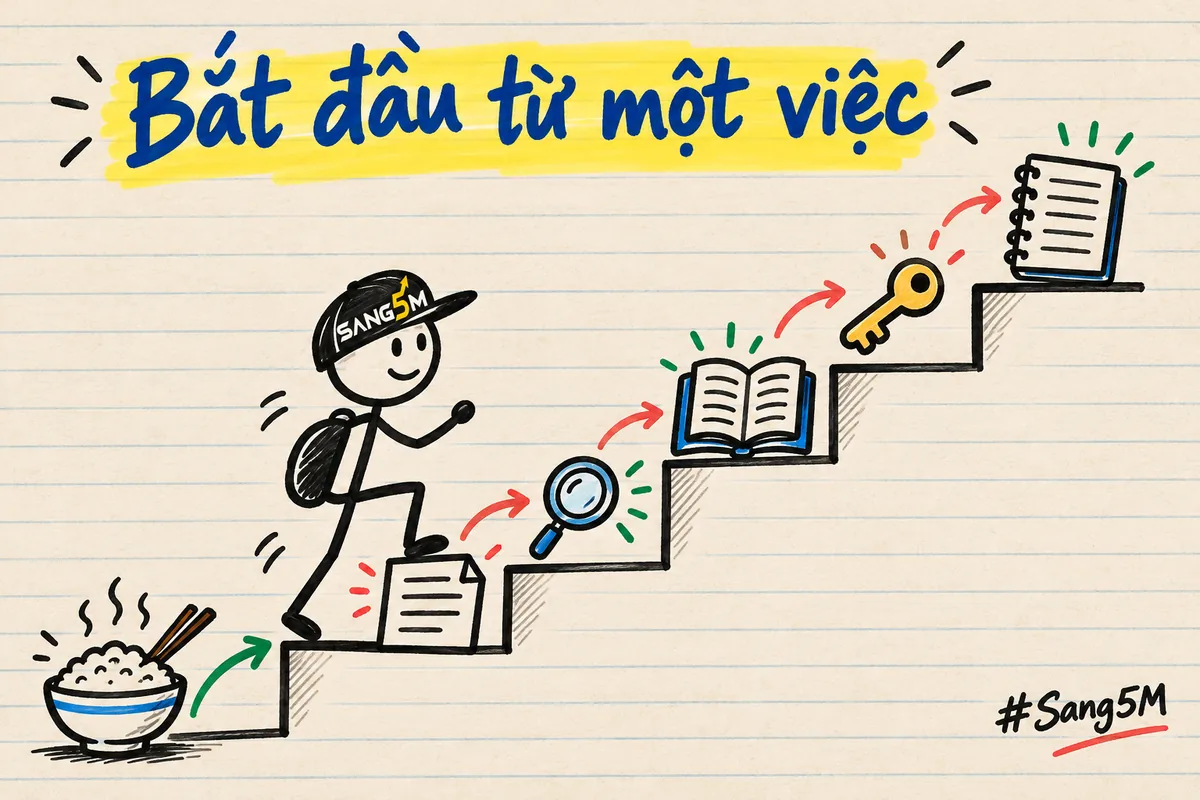 Năm bậc thang có tờ việc, kính lúp, sách hướng dẫn, chìa khoá và sổ ghi, bát cơm ở chân thang, người đội nón SANG5M leo.