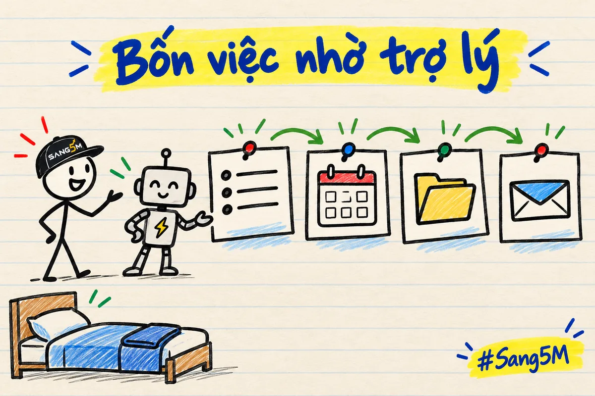 Bốn ô giấy có biểu tượng bảng đơn, lịch, thư mục và phong bì, giường nhà nghỉ ở góc, robot nhỏ cạnh người đội nón SANG5M.