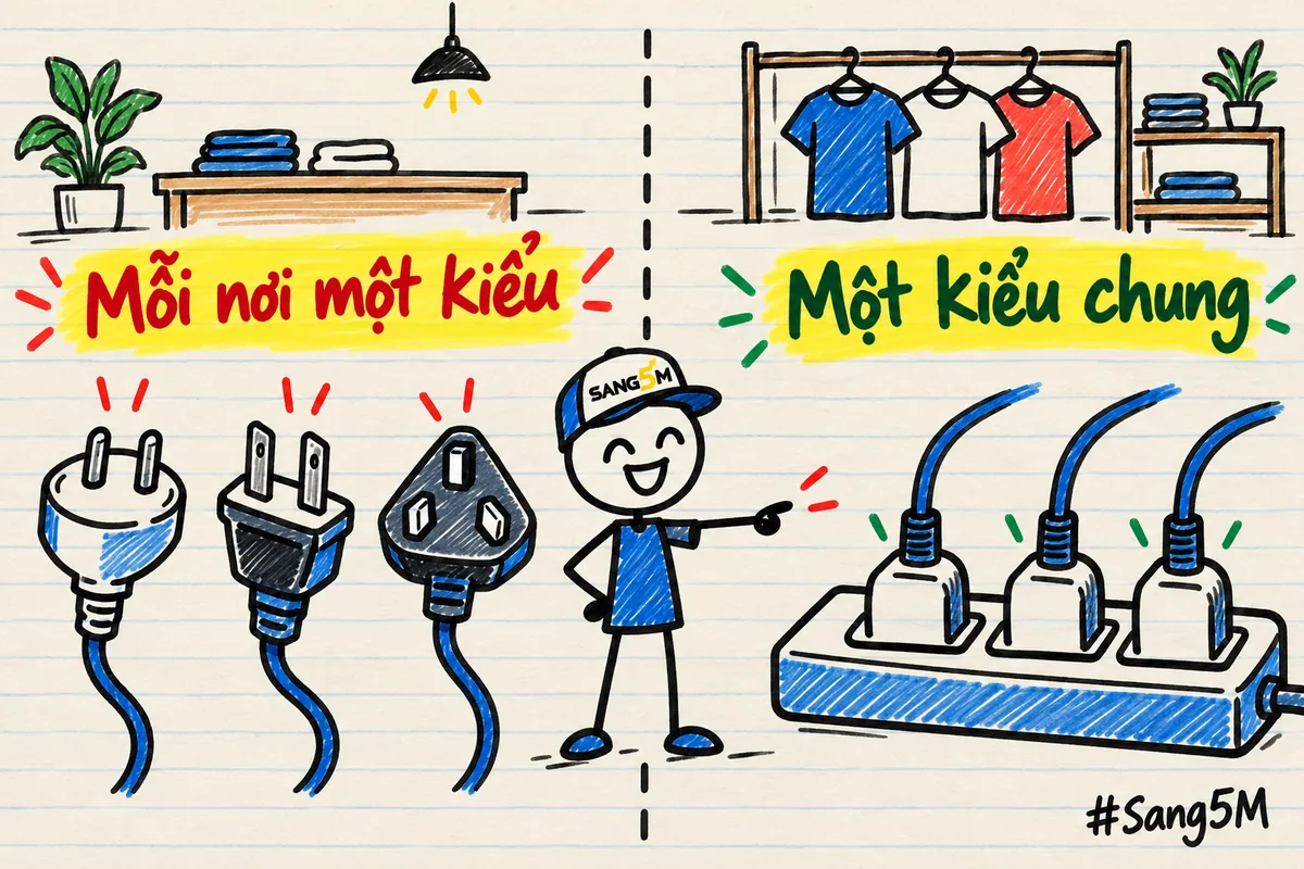 Bên trái ba phích cắm khác kiểu, bên phải một ổ cắm chung, kệ áo phía sau, người que đội nón SANG5M đứng giữa chỉ tay.