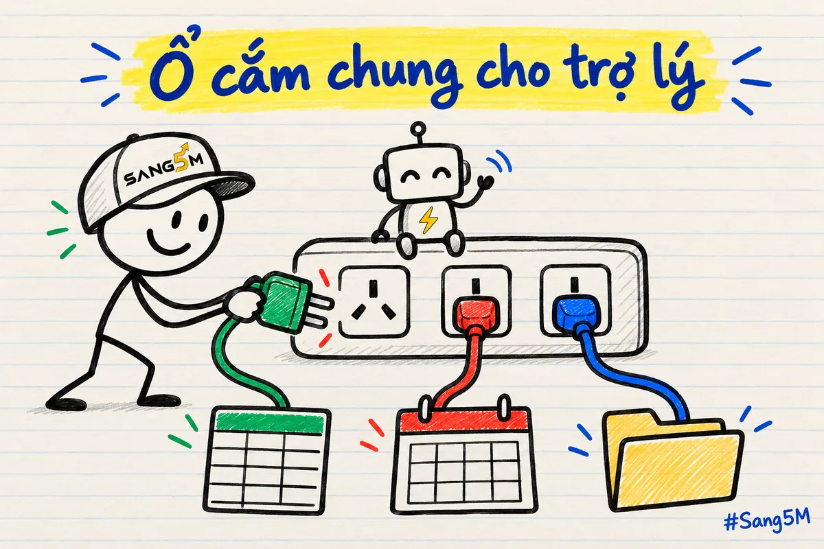 Ổ cắm chung vẽ tay có ba phích cắm gắn biểu tượng bảng tính, lịch và thư mục, người que đội nón SANG5M cầm một phích.