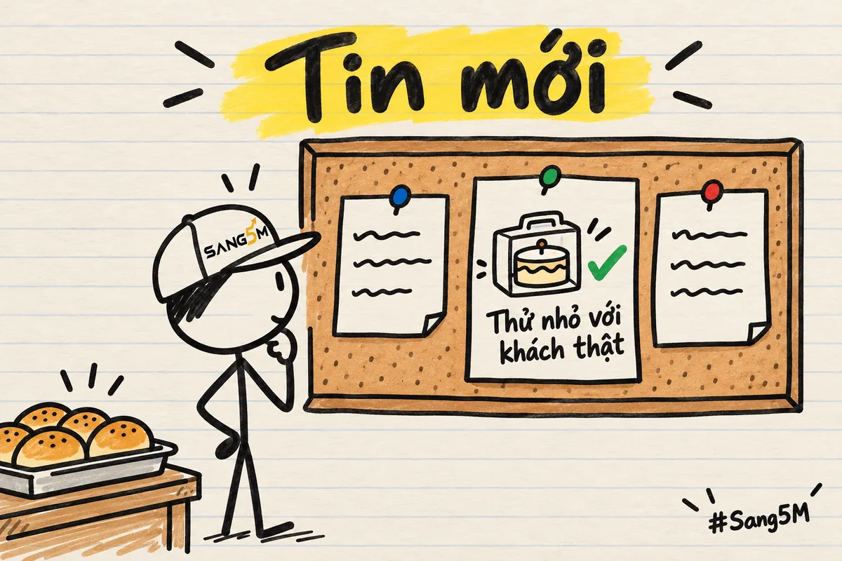 Bảng tin vẽ tay có ba mẩu giấy ghim, khay bánh ở góc, người que đội nón SANG5M đứng đọc, một tay chống cằm.