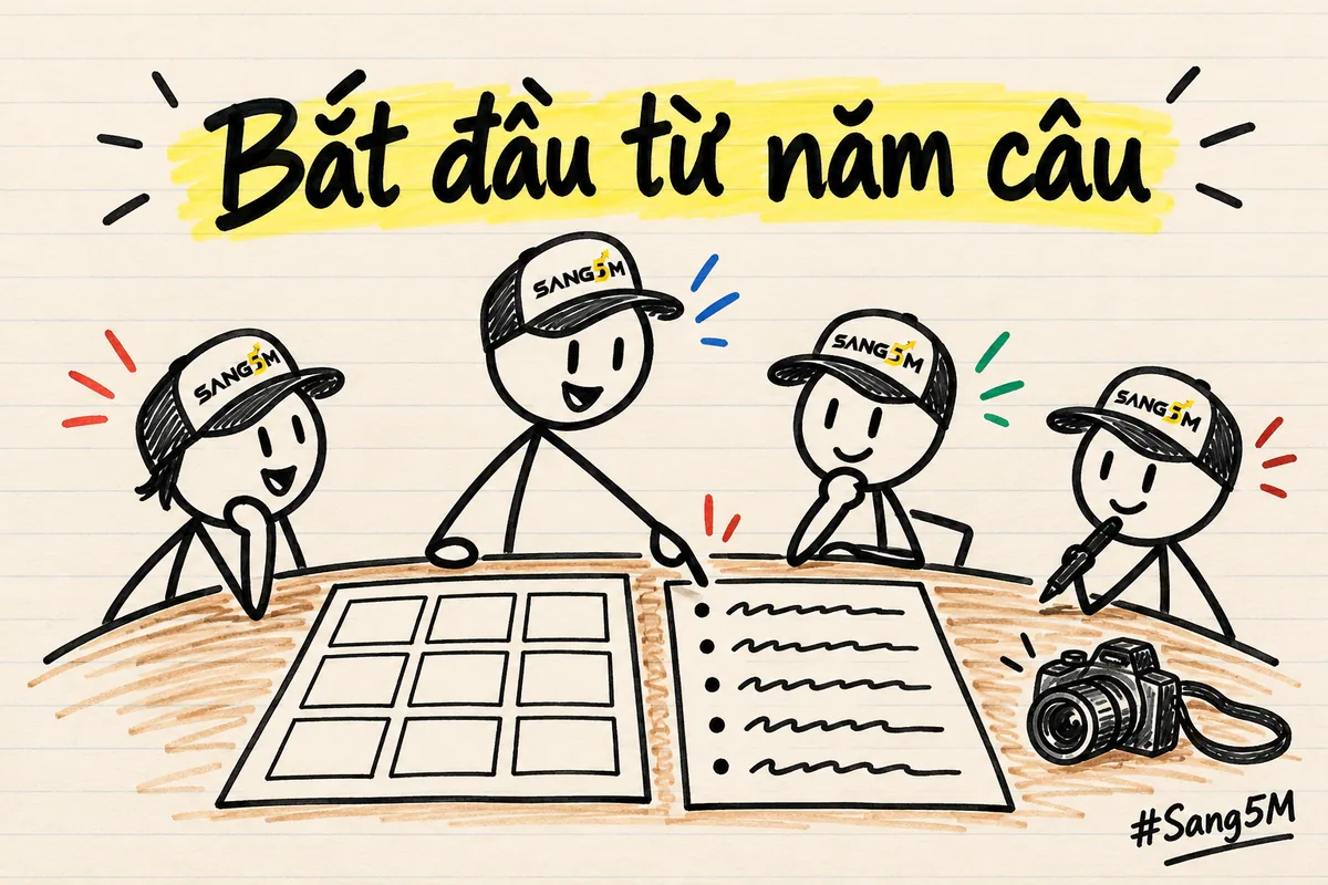 Tờ giấy chín ô trống cạnh tờ năm dòng trên bàn, máy ảnh ở góc, bốn người que đội nón SANG5M ngồi quanh, một người chỉ tay.