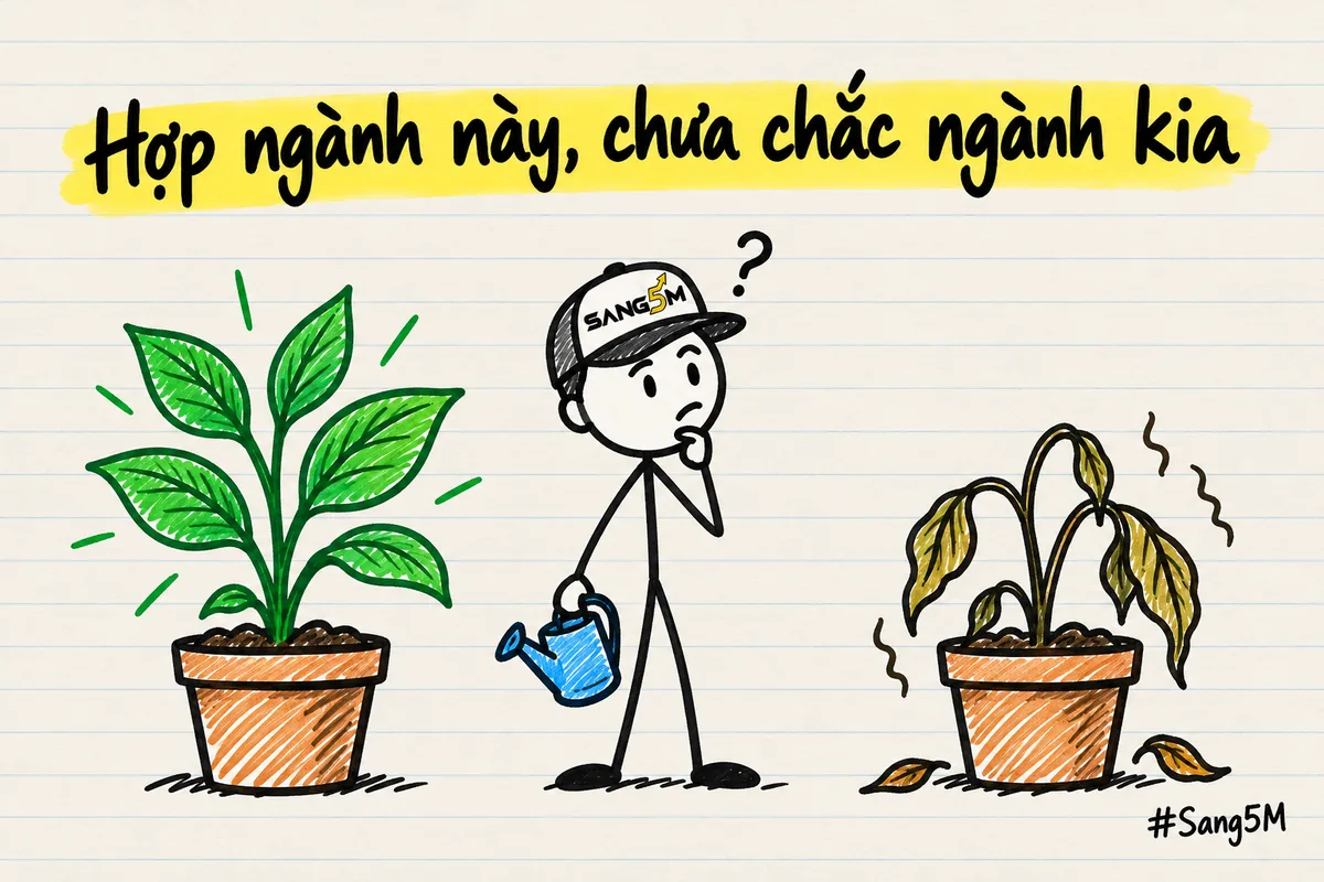Hai chậu cây cạnh nhau, một chậu xanh tốt, một chậu héo rũ, người que đội nón SANG5M cầm bình tưới, vẻ mặt đang suy nghĩ.