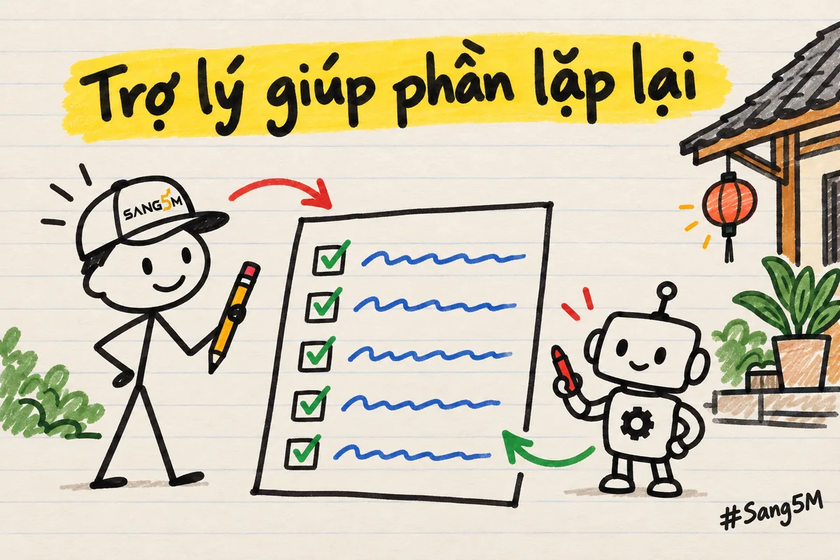 Tờ giấy năm dòng, robot nhỏ đứng cạnh hai dòng dưới, người que đội nón SANG5M cạnh hai dòng đầu, sau là mái hiên nhà nghỉ.