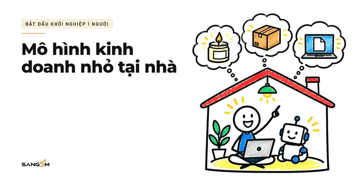 Người ngồi trong nhà mái đỏ cùng trợ lý AI, phía trên là ba ý tưởng kinh doanh để chọn