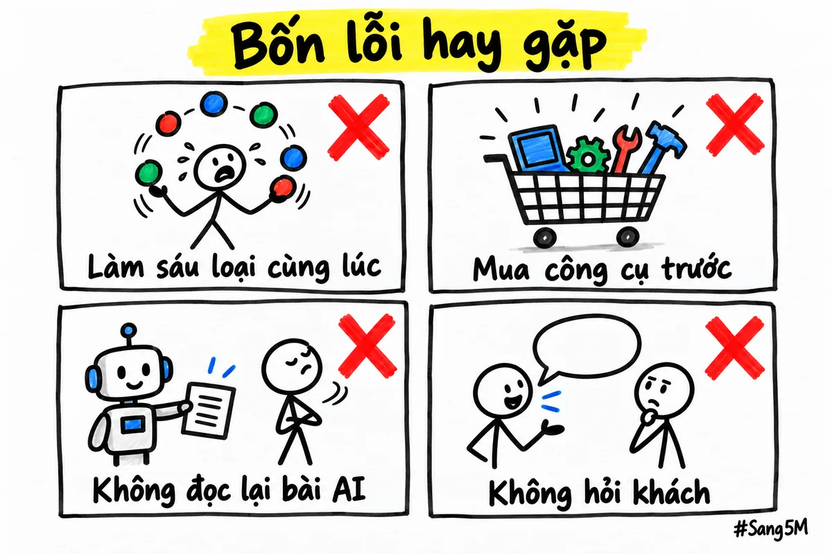 Bốn lỗi người mới nên tránh: làm nhiều loại cùng lúc, mua công cụ trước, không đọc lại bài AI viết và không hỏi khách.