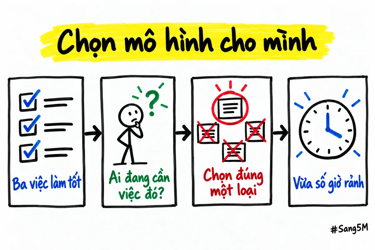 Bốn bước chọn mô hình: viết ba việc làm tốt, tìm người đang cần, chọn đúng một loại và khớp với số giờ rảnh.