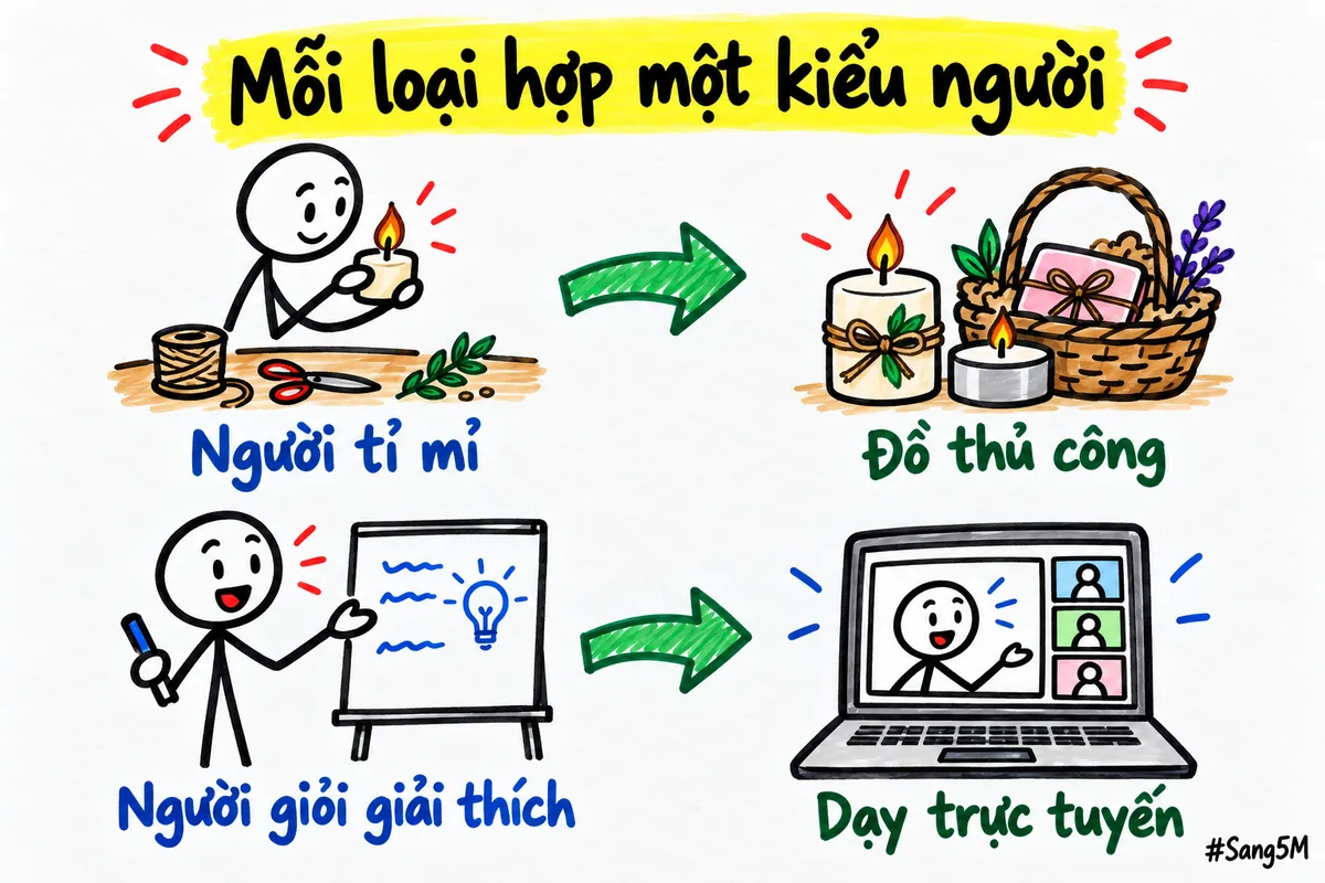 Hai cặp ghép cho thấy người tỉ mỉ hợp với đồ thủ công, còn người giỏi giải thích hợp với dạy trực tuyến.