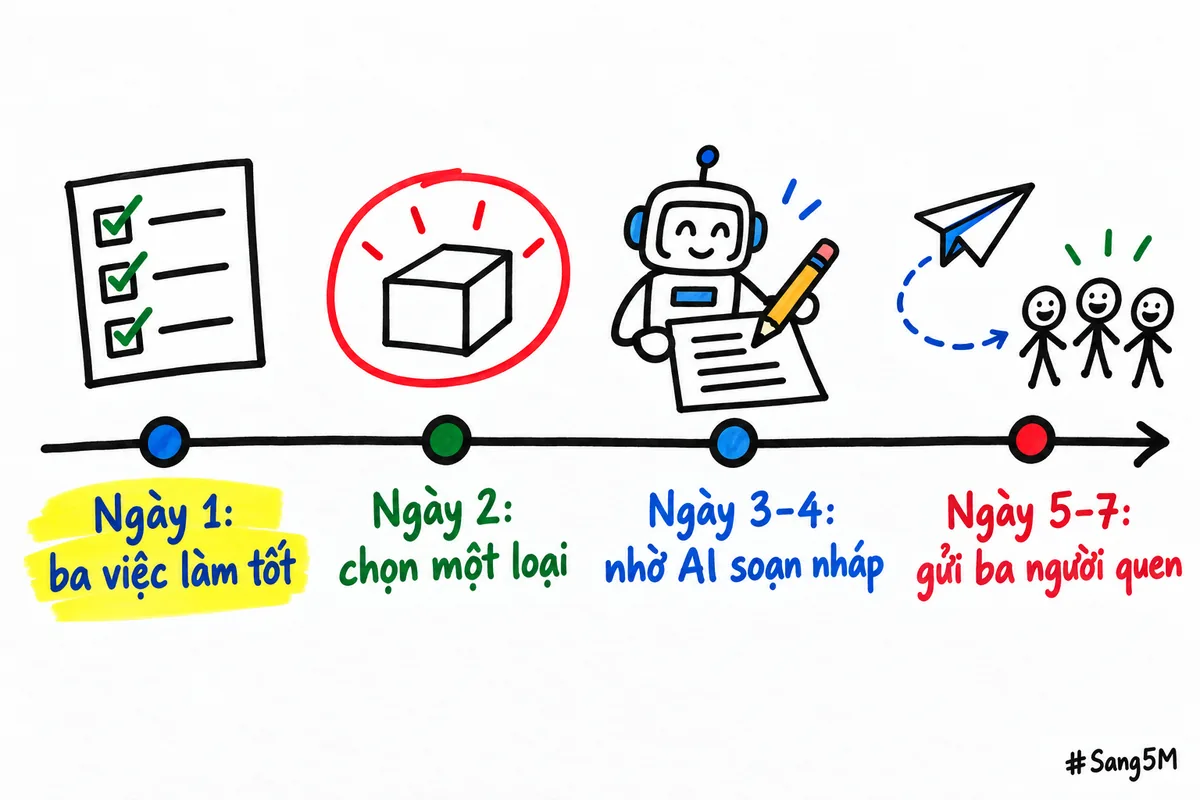 Lịch một tuần: viết ba việc làm tốt, chọn một loại, nhờ AI soạn nháp rồi gửi cho ba người quen.