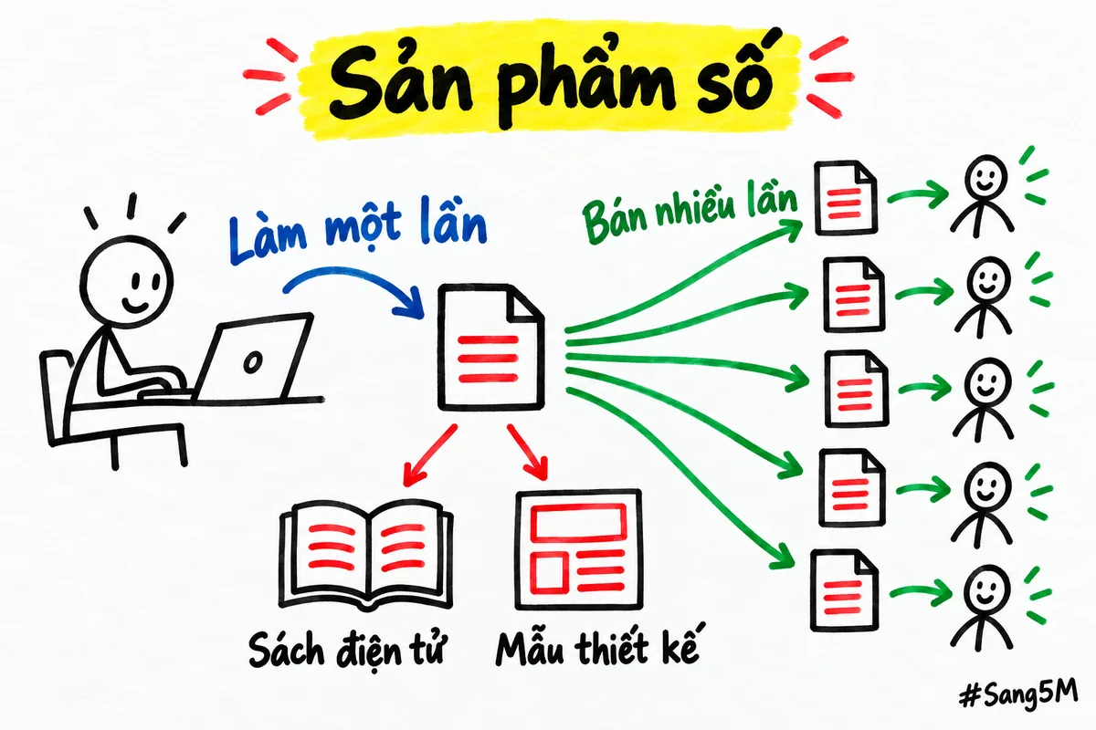 Sản phẩm số như sách điện tử hay mẫu thiết kế được làm một lần rồi bán được nhiều lần.