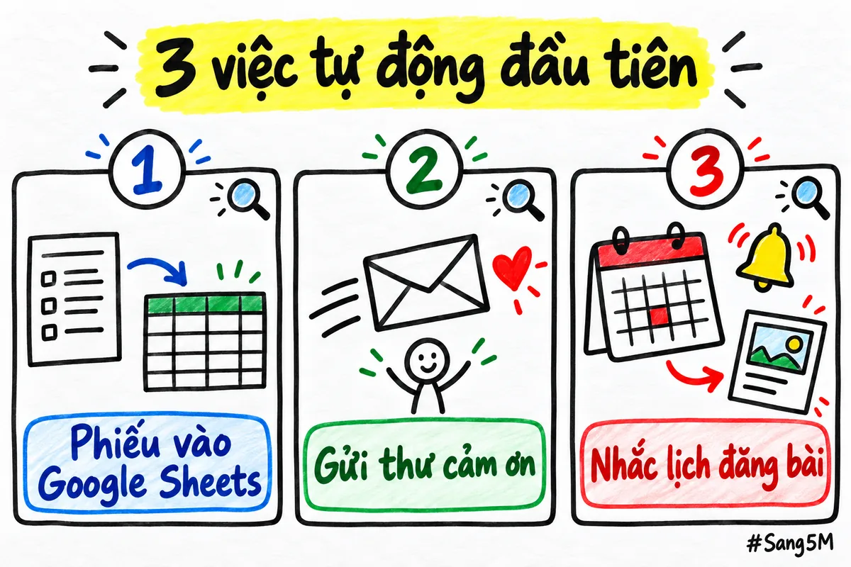 Ba việc tự động đầu tiên nên làm với n8n, đều ngắn, ít rủi ro và dễ kiểm.