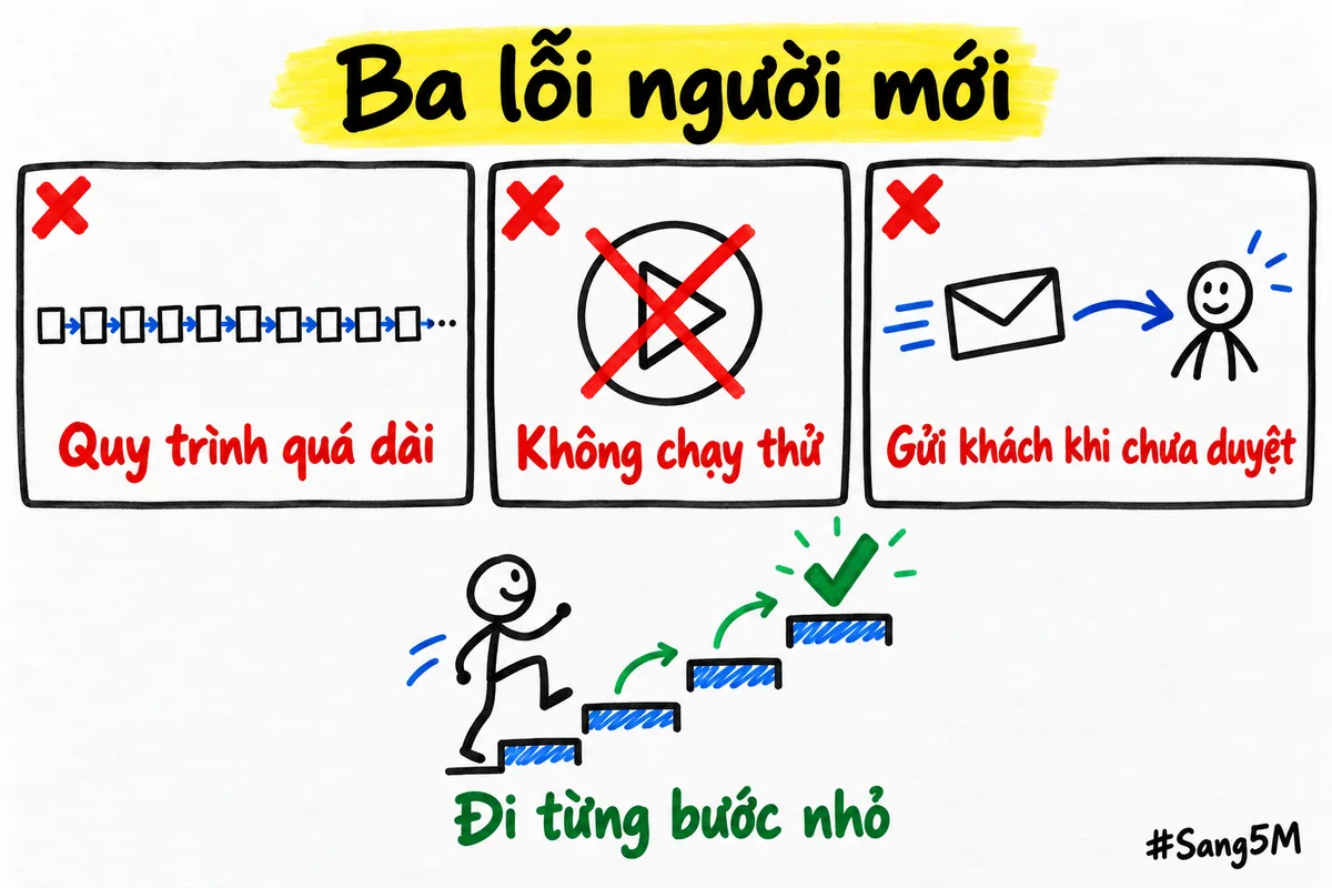 Ba lỗi người mới học n8n hay mắc, cùng cách tránh là đi từng bước nhỏ.
