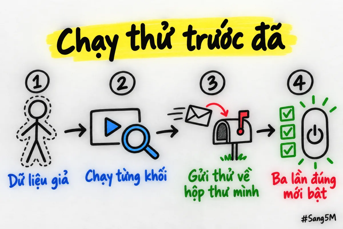 Các bước chạy thử quy trình n8n bằng dữ liệu giả, ba lần đúng mới bật chạy thật.