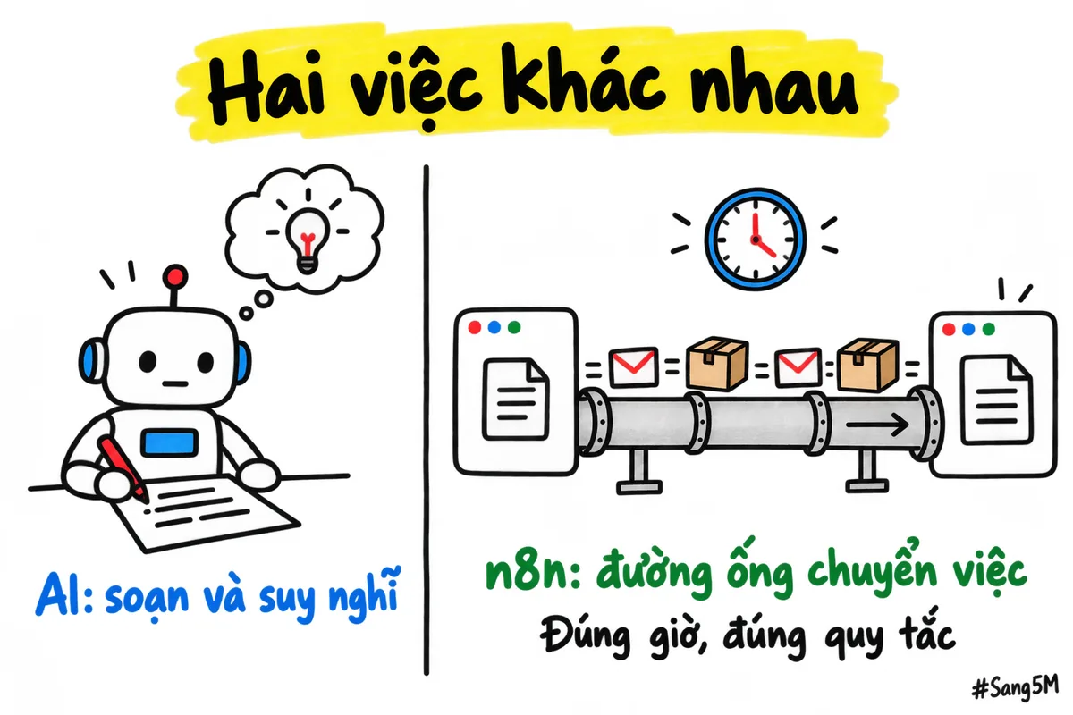 So sánh hai việc khác nhau: trợ lý AI soạn và nghĩ giúp, n8n là đường ống chuyển việc.