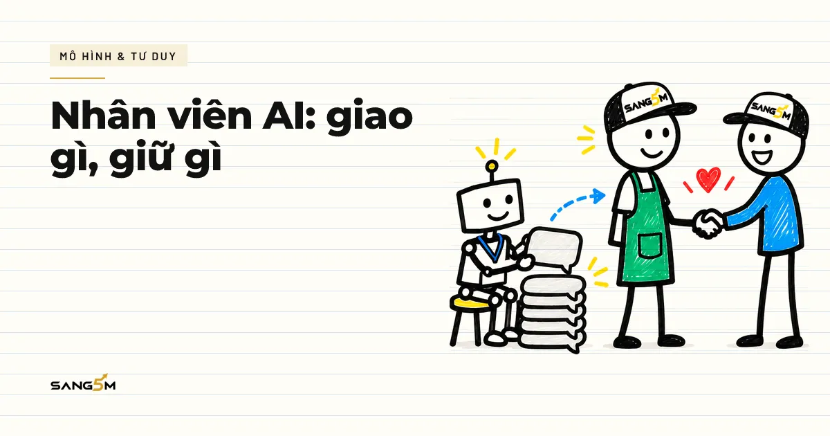 Người đội nón SANG5M bắt tay khách quen, robot nhỏ đeo bảng tên ngồi bên cạnh xếp các thẻ tin nhắn lặp lại