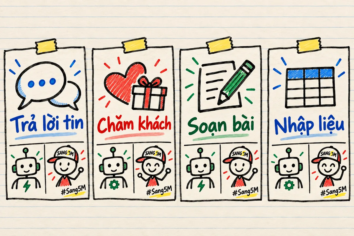 Bốn thẻ vị trí hay được rao: trả lời tin, chăm khách, soạn bài, nhập liệu, mỗi thẻ chia ô cho robot và ô cho người.