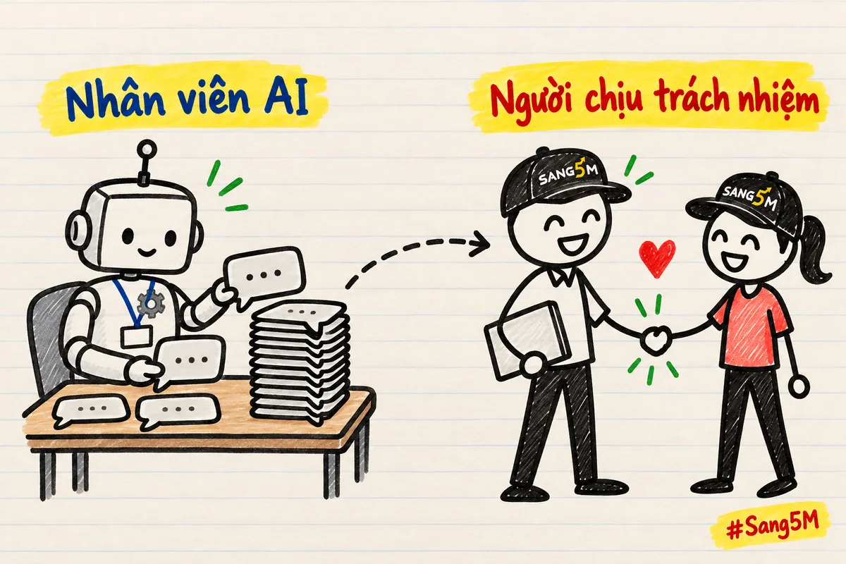 Robot nhân viên AI xếp chồng tin nhắn giống nhau, người chủ đội nón SANG5M kẹp sổ và bắt tay khách quen.